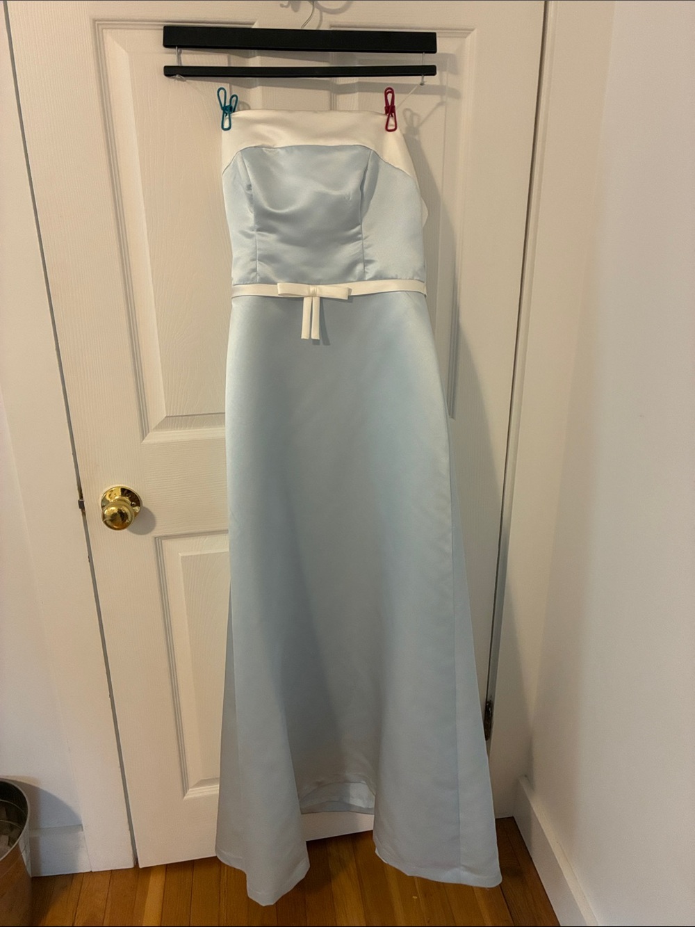 Strapless Light Blue and White Prom/Formal Dress with Bow